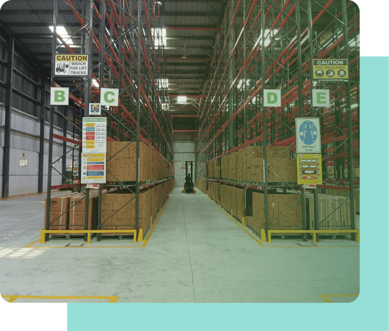 Logistics warehouse with bulk storage and shelving units