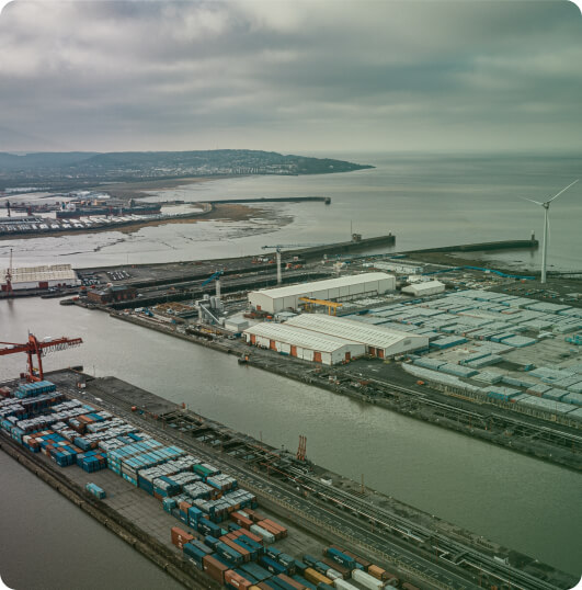 Seaport with dockside storage facilities and freight handling infrastructure