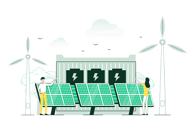 Battery energy storage system applications with solar panels wind turbines and grid support illustration