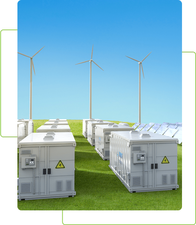 Utility scale battery energy storage containers with wind turbines representing capex vs opex energy model